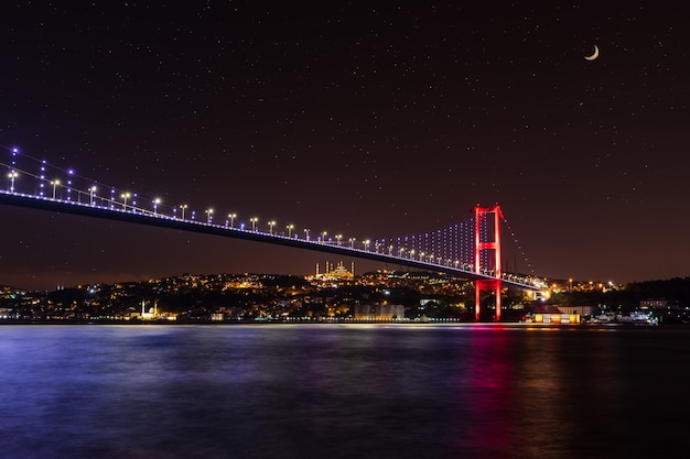 Illuminated Bosphorus bridge at night, Istanbul, Turkey.