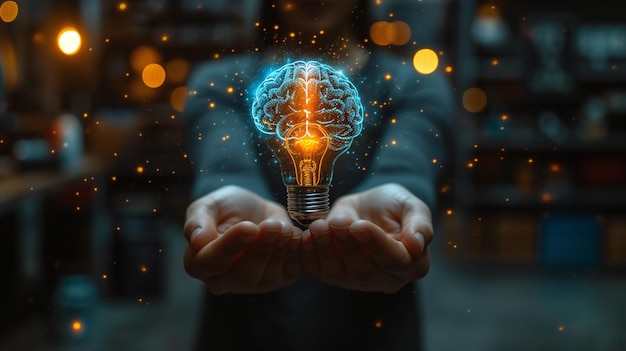 Illuminated Brain Light Bulb in Hands Concept of Idea and Innovation Perfect for creativity