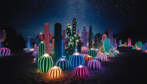 Illuminated Cacti Display Under Starry Night Sky