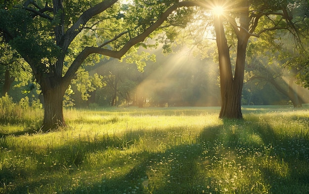 Illuminated Canopy in Natures Embrace Sunlight Peeks Through Verdant Canopy Glistening Meadow