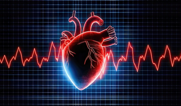 Illuminated Cardiac Health Neon Cardiogram and Human Heart Glow Generative AI