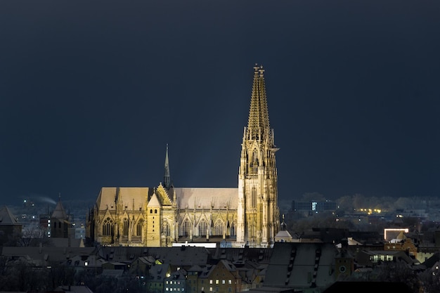 Illuminated cathedral against sky at night