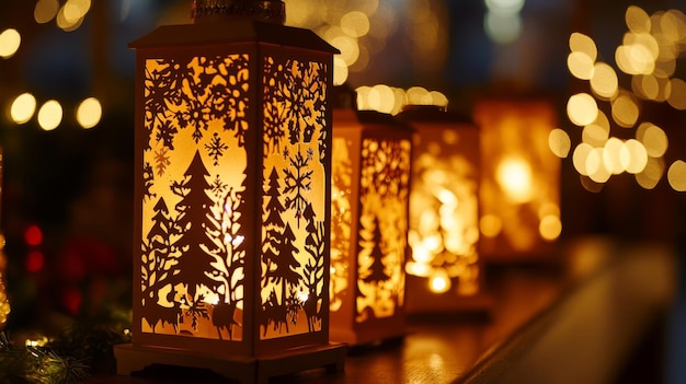 Photo illuminated christmas lanterns with winter scenes