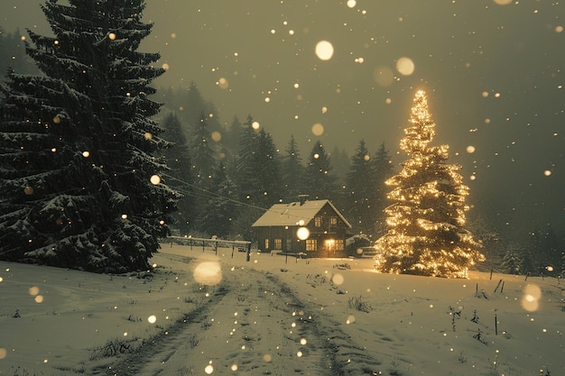 Photo illuminated christmas tree in snowy forest at night