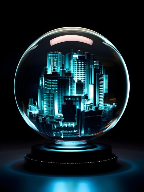 Photo illuminated circuitembellished glass sphere showcasing a futuristic digital city landscape