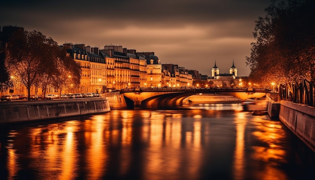 Illuminated city skyline reflects on the water generated by AI