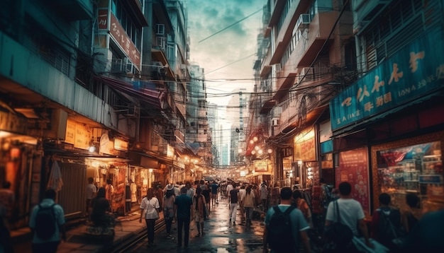 Illuminated city street crowded with nightlife and cultures generated by AI