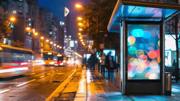 Illuminated city street featuring blurred headlights a vibrant bus stop and colorful bokeh against a backdrop of evening urban activity