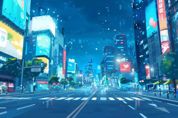 Illuminated city street at night with bright digital billboards creating a futuristic urban atmosphere under a starry sky