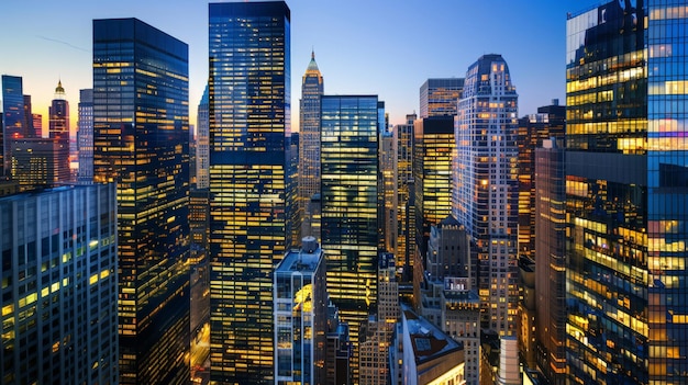 Illuminated cityscape at dusk with office buildings and twinkling lights ideal for business finance