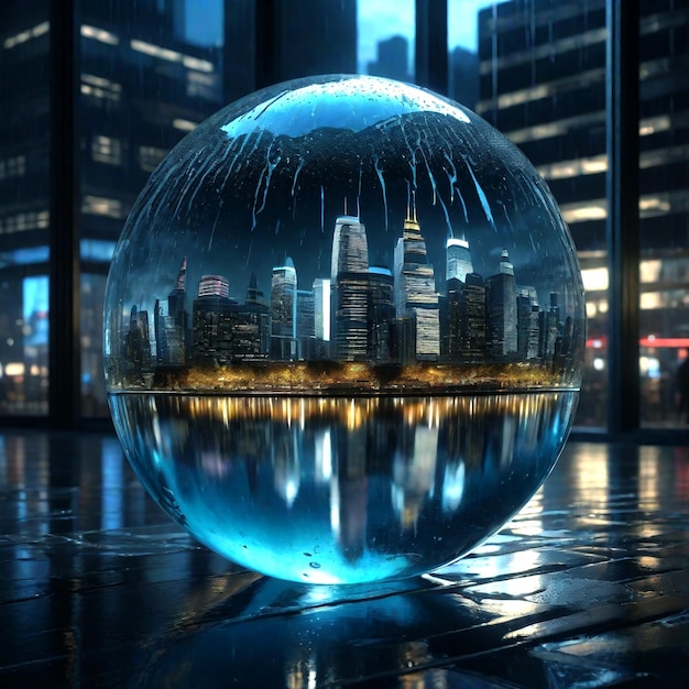 Illuminated cityscape reflects in a wet glass sphere