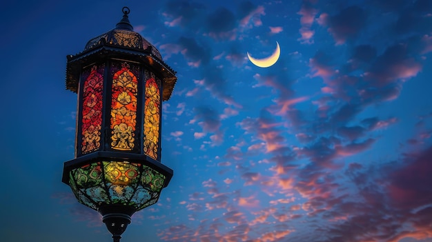 An illuminated colorful ramadan lantern against blue night sky with an crescent moon