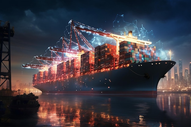 Illuminated Colossal Container Ship