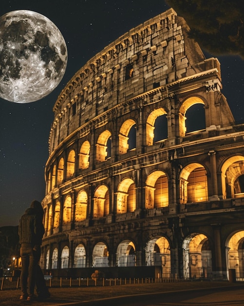 the illuminated Colosseum in Rome with a giant glowing moon in the skyai generative