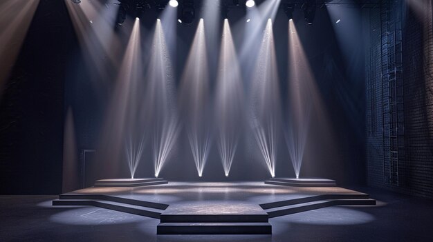 Photo illuminated conference stage under spotlight display