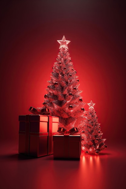 Illuminated decorated red christmas tree with gift boxes on red background Merry Christmas