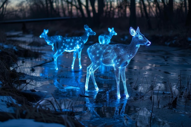 Photo illuminated deer light sculptures at dusk