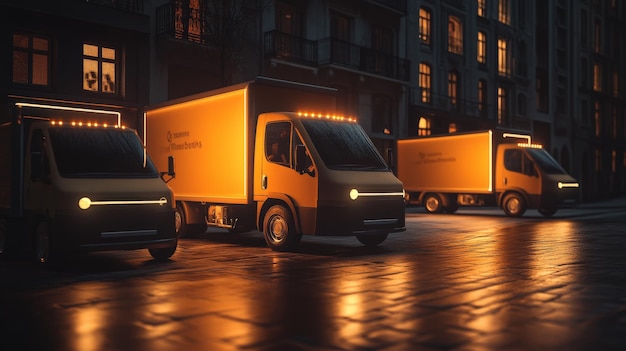 Photo illuminated delivery trucks navigating the nighttime streets