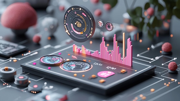 Photo illuminated digital sales report featuring dynamic charts and metrics in 3d visualization