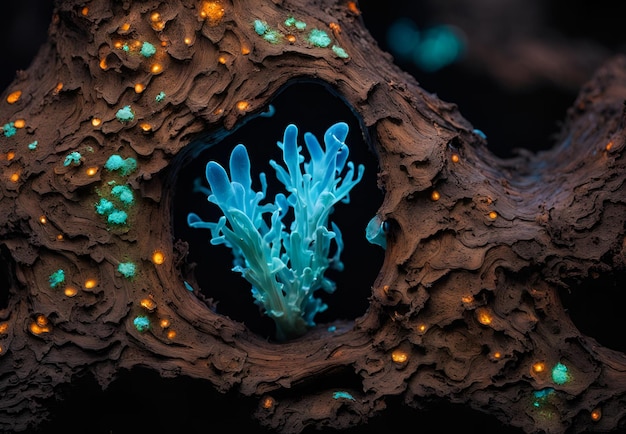 Illuminated Ecosystem A Bioluminescent Microcosm in Decay