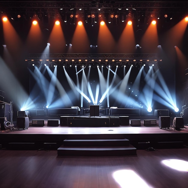 Illuminated empty concert stage with smoke generated by AI