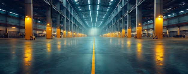 Illuminated Empty Warehouse Interior Photo with Yellow Safety Lines