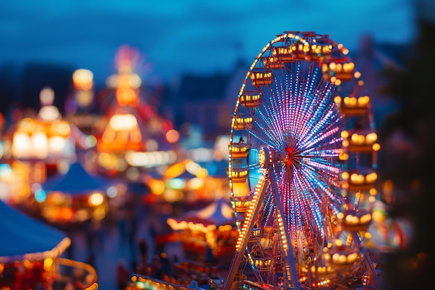 Photo illuminated ferris wheel at night with a blurred background of carnival lights