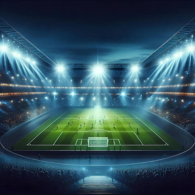 Illuminated football stadium at night Copy space image