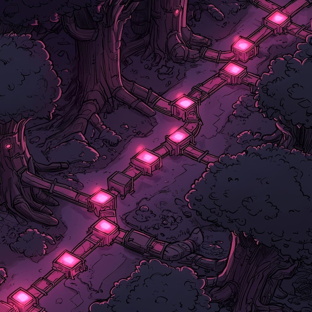 Photo illuminated forest path with pink lights