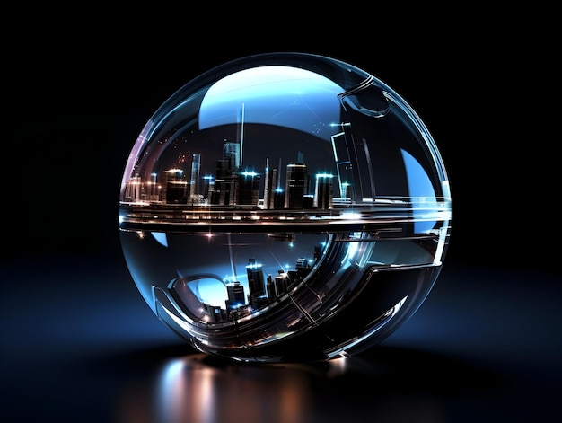 Illuminated Futuristic Digital Cityscape Reflected in a CircuitEmbellished Glass Sphere