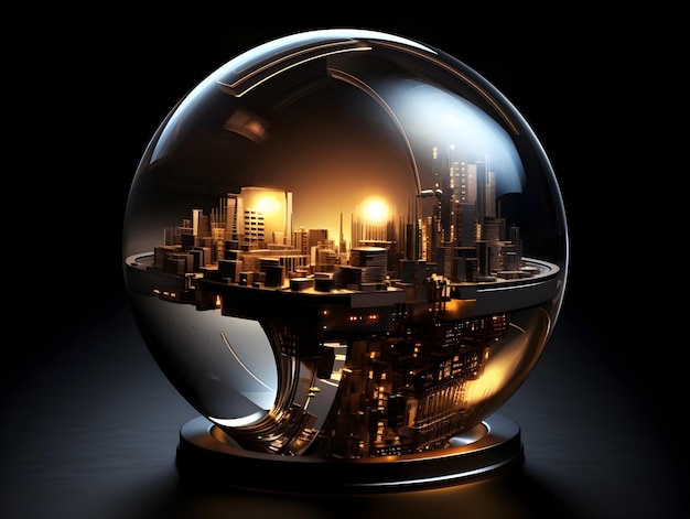 Illuminated Futuristic Digital Cityscape Reflected in Glass Sphere with Circuit Patterns