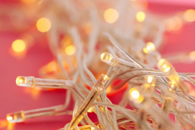 Illuminated garland lights on bright pink background