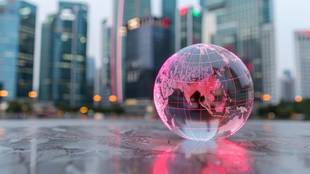 Photo illuminated glass globe on cityscape background