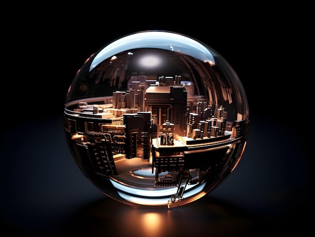 Photo illuminated glass sphere showcasing a futuristic digital city landscape with intricate circuit board patterns