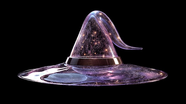 Photo illuminated glass witch hat with stars isolated on black background