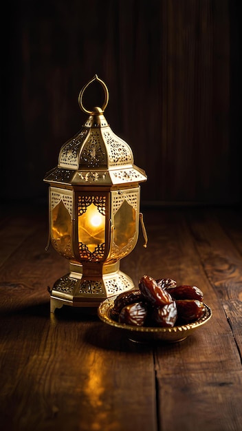 A illuminated golden Ramadan lantern next to a gold plate containing dates on an antique wood surfac