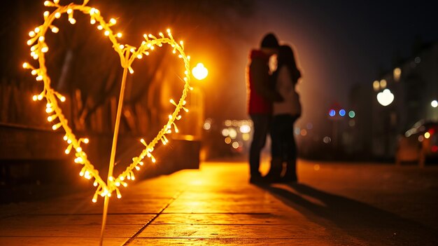 Illuminated Heart on the Street with Couple