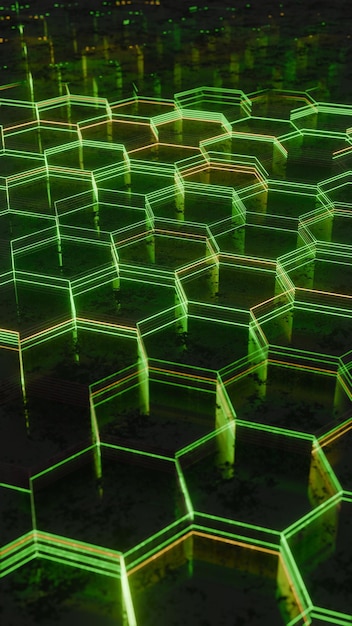 Photo illuminated hexagonal pattern with neon green and yellow lights