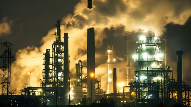 Illuminated Industrial Factory Silhouette Against Dramatic Night Sky