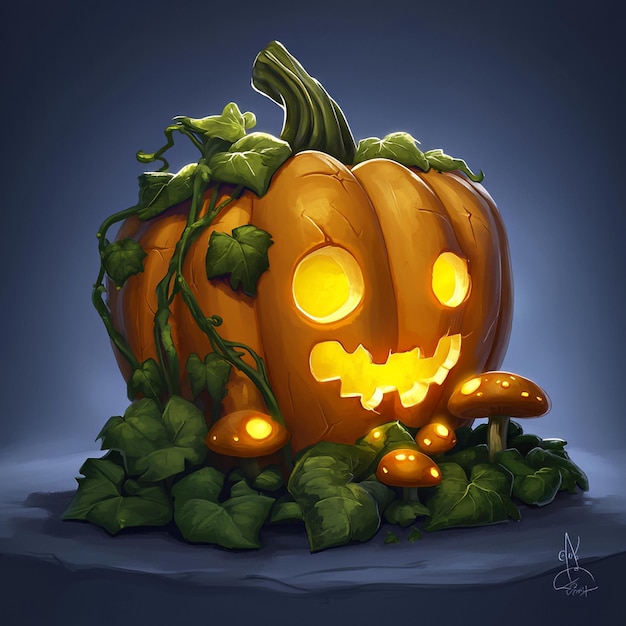 Illuminated Jackolantern with Ivy and Mushrooms