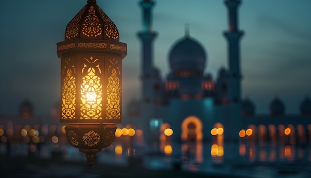 Photo illuminated lamp of ramadan kareem lantern with serene mosque background