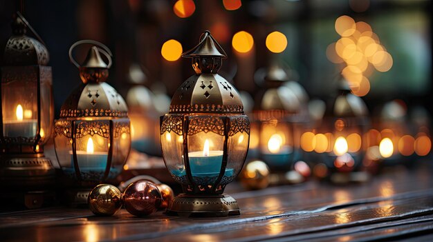 Illuminated lamp of Ramadan Kareem Lantern with serene mosque background