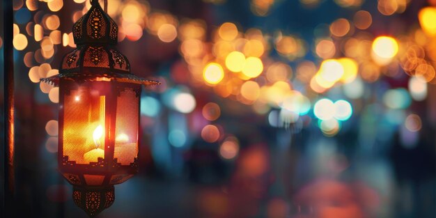 Photo illuminated lantern against bokeh light background ramadan conc