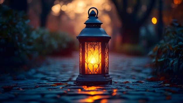 Illuminated Lantern on Stone Pathway Realistic Photo