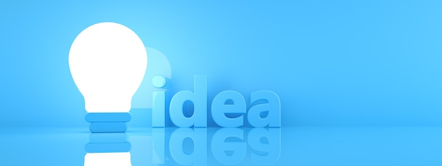 Illuminated light bulb over blue background, creative idea concept, 3d render, panoramic image