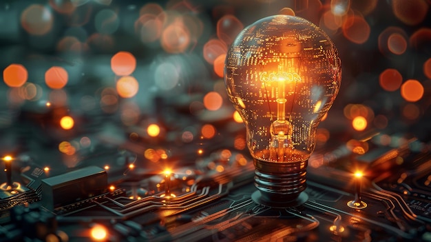 Illuminated Light Bulb On A Circuit Board With Orange Bokeh