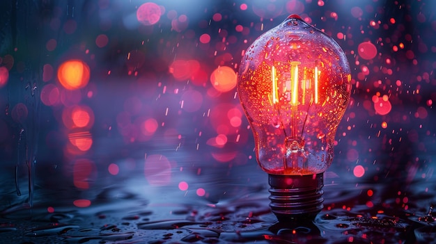 Illuminated Light Bulb In Rain With Bokeh Lights