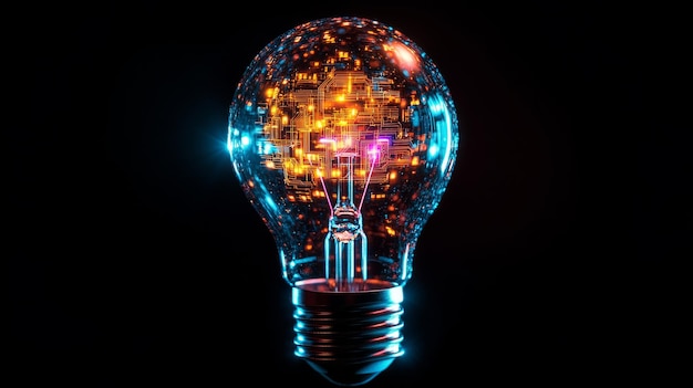 Photo illuminated lightbulb with digital circuitry innovation concept