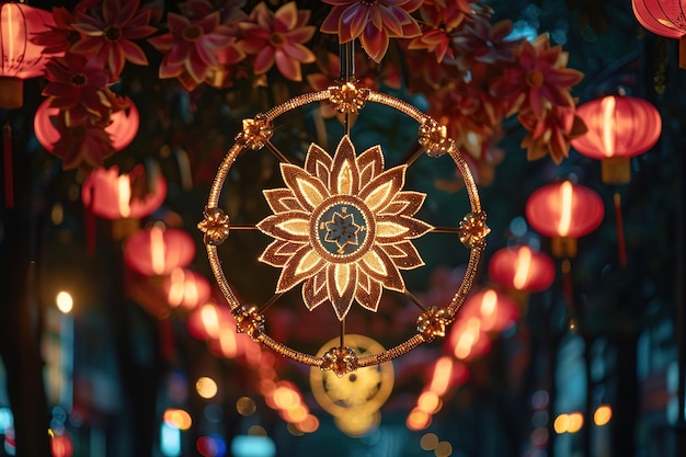 Illuminated lotusshaped lanterns and decorations during a festival