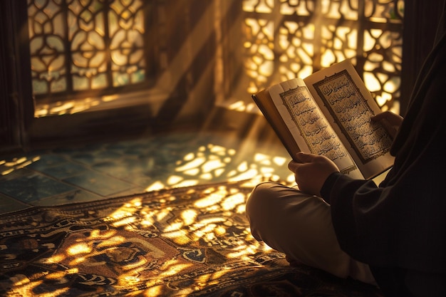 Photo illuminated mosque quran reading